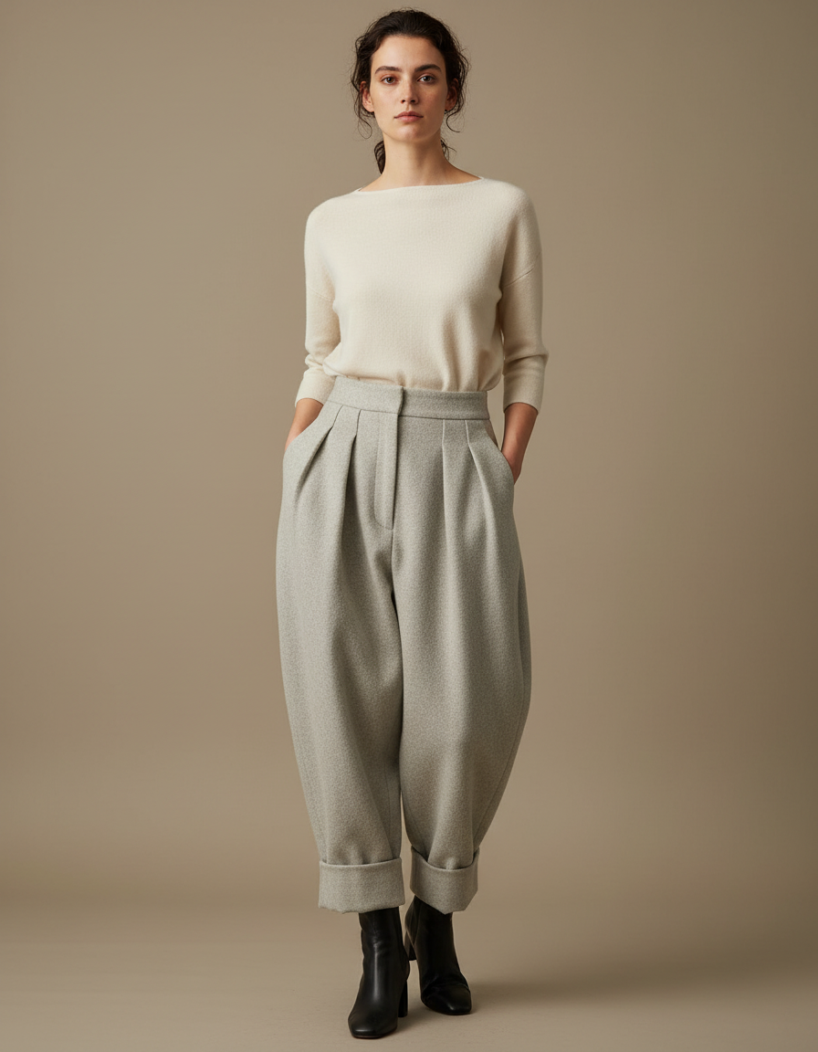 Pantalon Japonais Gris Laine Plissé Ample Femme