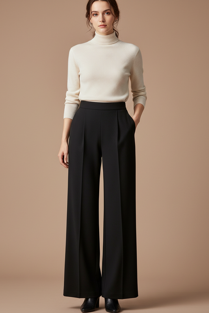 Pantalon Japonais Noir Fluide Taille Haute Élégant - Polyester