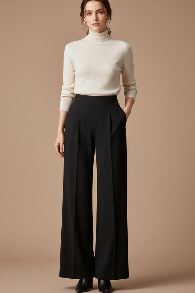 Pantalon Japonais Noir Fluide Taille Haute Élégant - Polyester