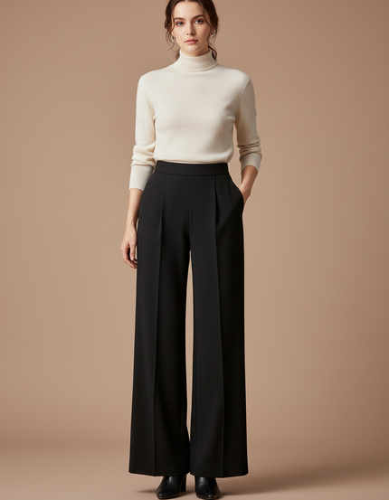 Pantalon Japonais Noir Fluide Taille Haute Élégant - Polyester