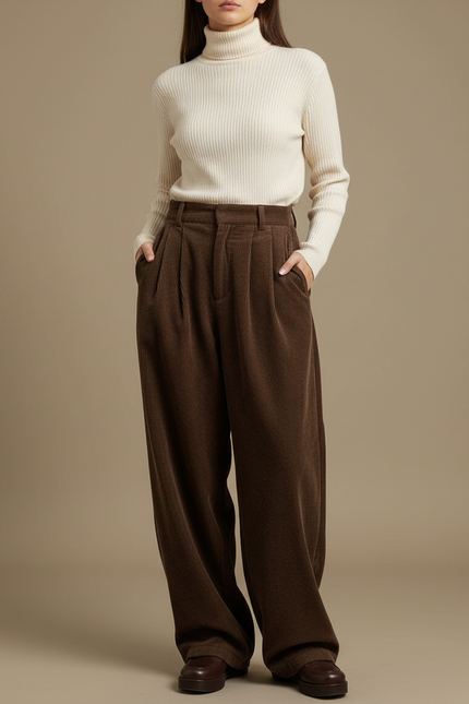 Pantalon Japonais Velours Côtelé Marron Ample Plissé - Cordé