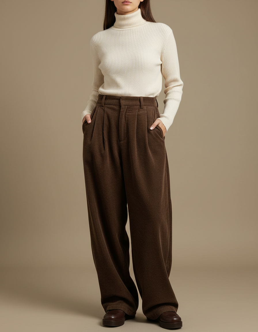 Pantalon Japonais Velours Côtelé Marron Ample Plissé - Cordé
