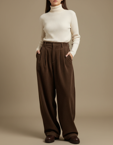 Pantalon Japonais Velours Côtelé Marron Ample Plissé - Cordé