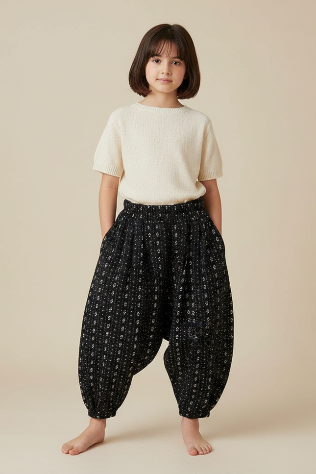 Pantalon Japonais Harem Noir Imprimé Floral Enfant - Viscose