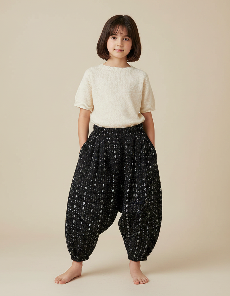 Pantalon Japonais Harem Noir Imprimé Floral Enfant - Viscose