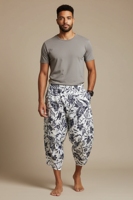 Pantalon Japonais Imprimé Floral Ample Coton Blanc Homme