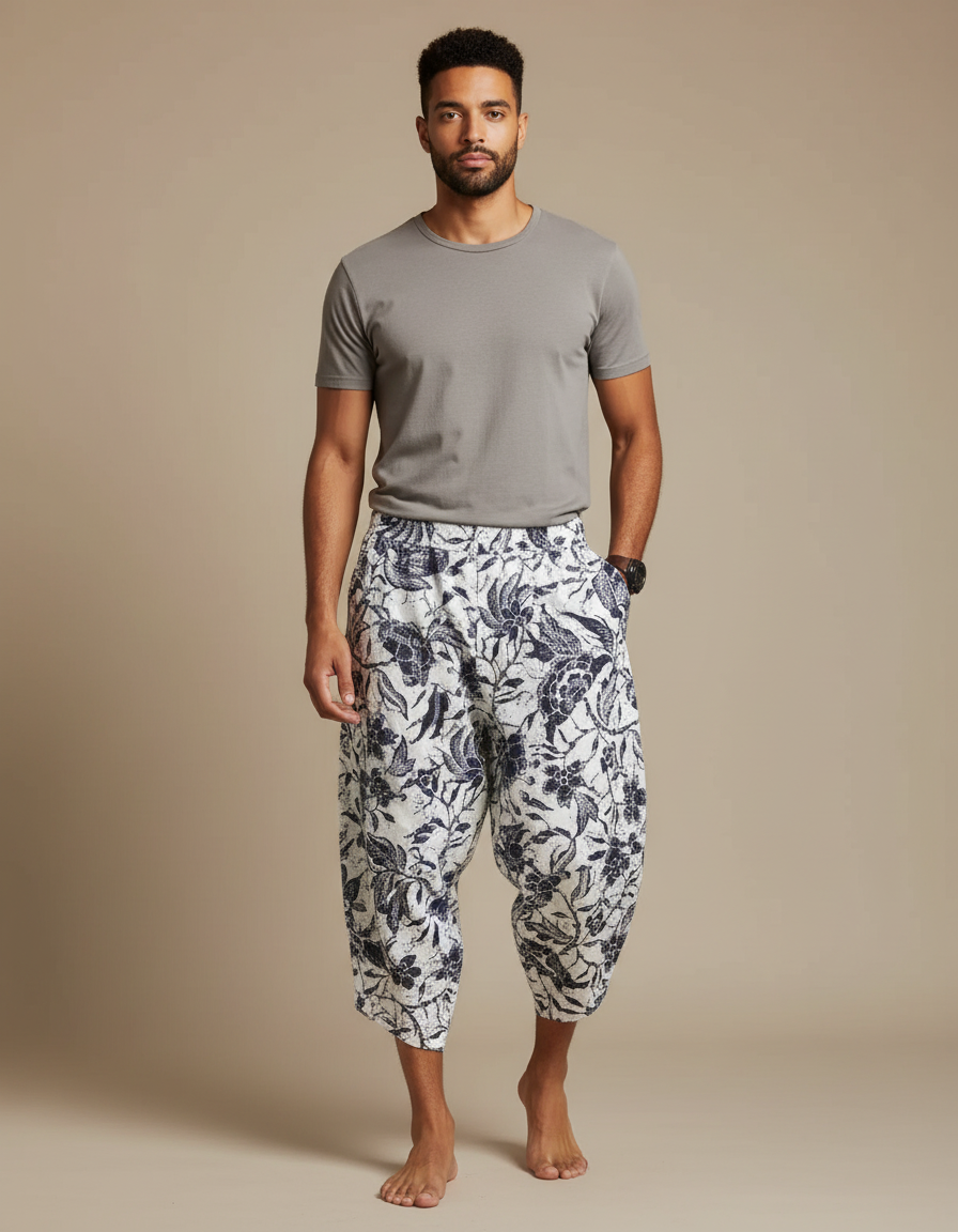 Pantalon Japonais Imprimé Floral Ample Coton Blanc Homme