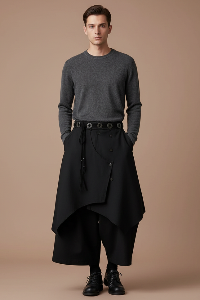 Pantalon Japonais Noir Asymétrique Superposé Gothique Moderne - Polyester