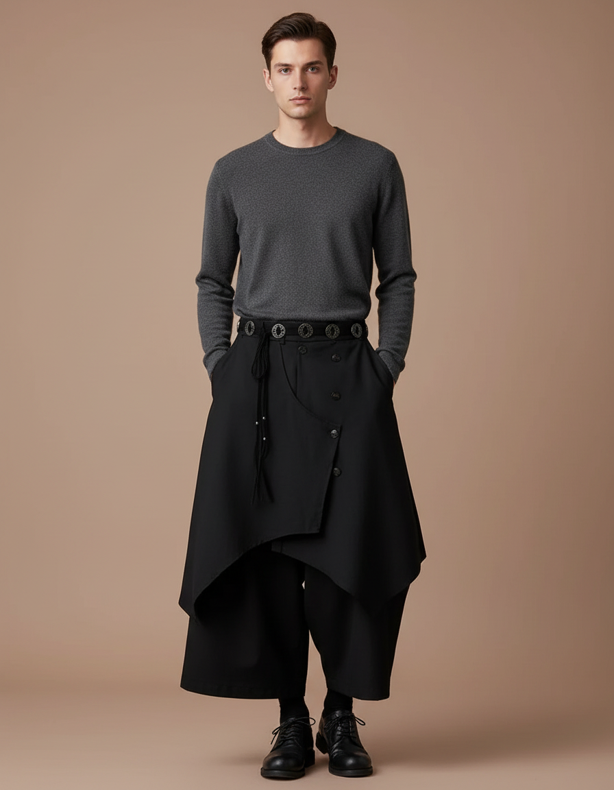 Pantalon Japonais Noir Asymétrique Superposé Gothique Moderne - Polyester