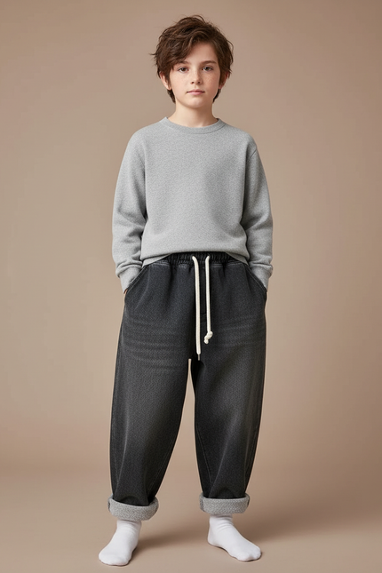 Pantalon Japonais Noir Ample Décontracté Cordon Garçon - Molleton