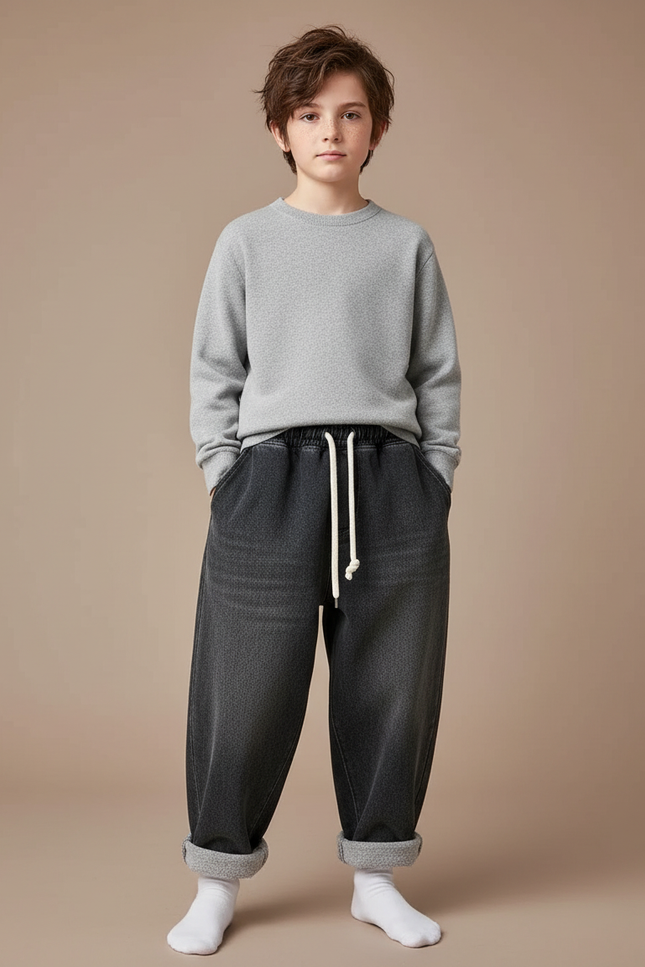 Pantalon Japonais Noir Ample Décontracté Cordon Garçon - Molleton