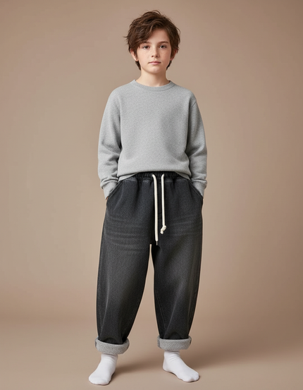 Pantalon Japonais Noir Ample Décontracté Cordon Garçon - Molleton