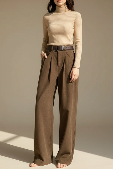 Pantalon Japonais Marron Ample Plissé Décontracté - Laine