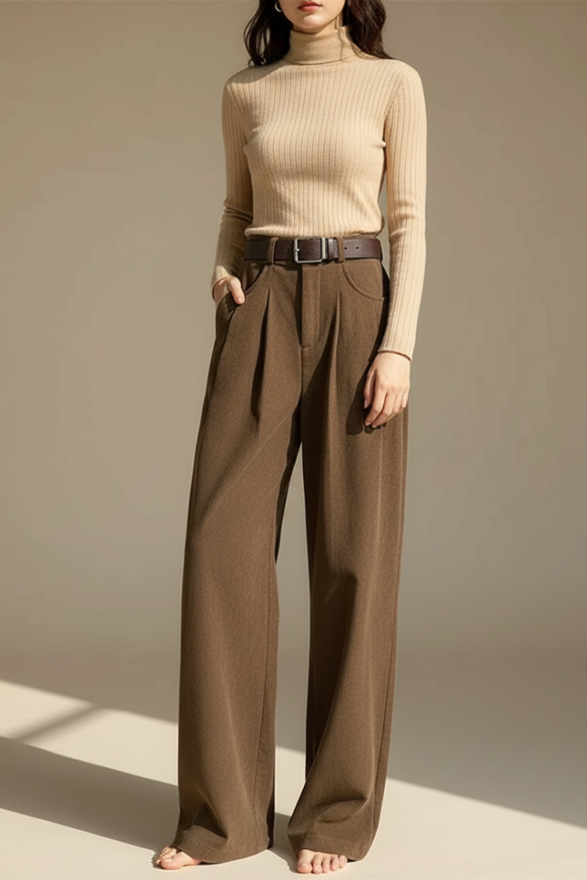 Pantalon Japonais Marron Ample Plissé Décontracté - Laine