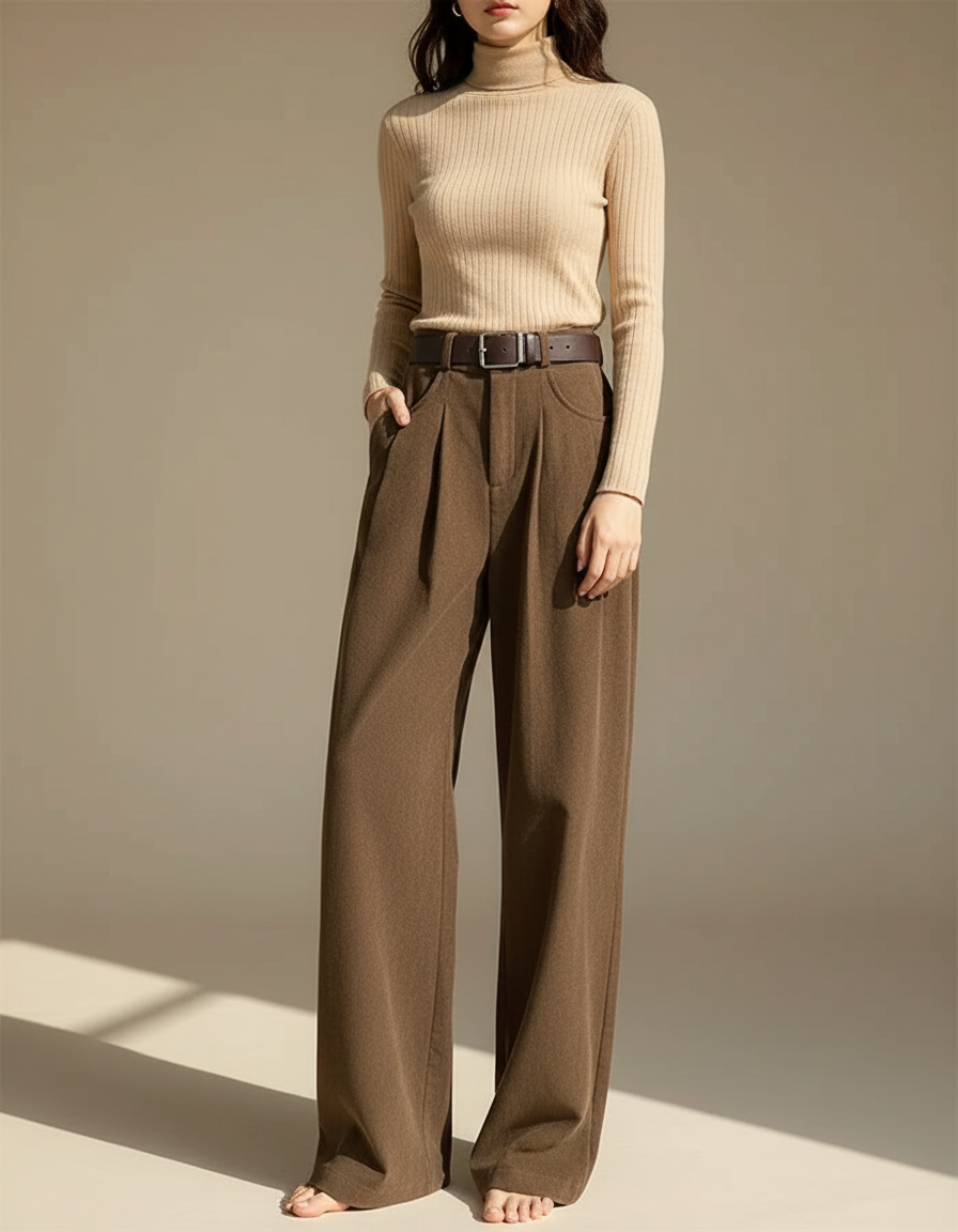 Pantalon Japonais Marron Ample Plissé Décontracté - Laine