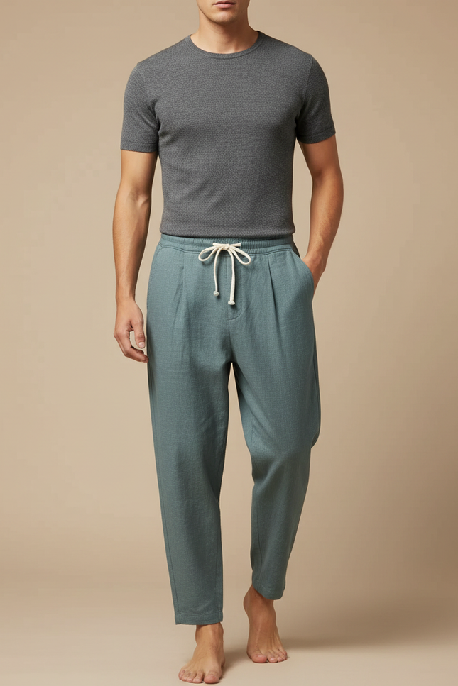 Pantalon Japonais Vert Ample Lin Décontracté Homme