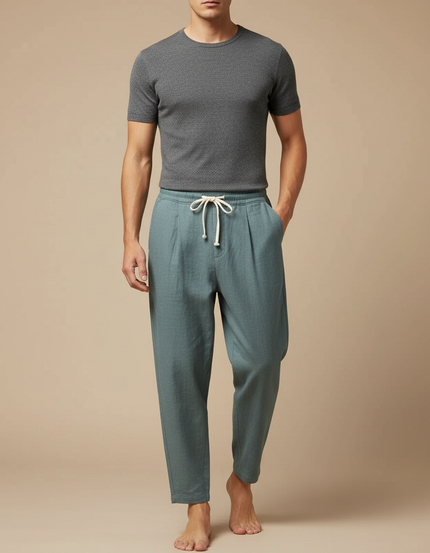 Pantalon Japonais Vert Ample Lin Décontracté Homme