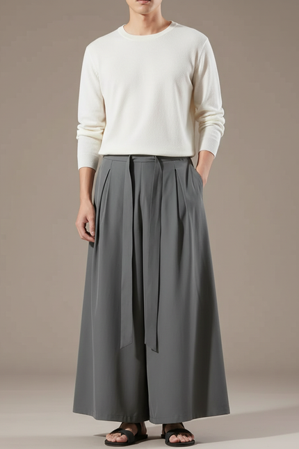 Pantalon Japonais Gris Ample Fluide Ceinturé Moderne - Polyester