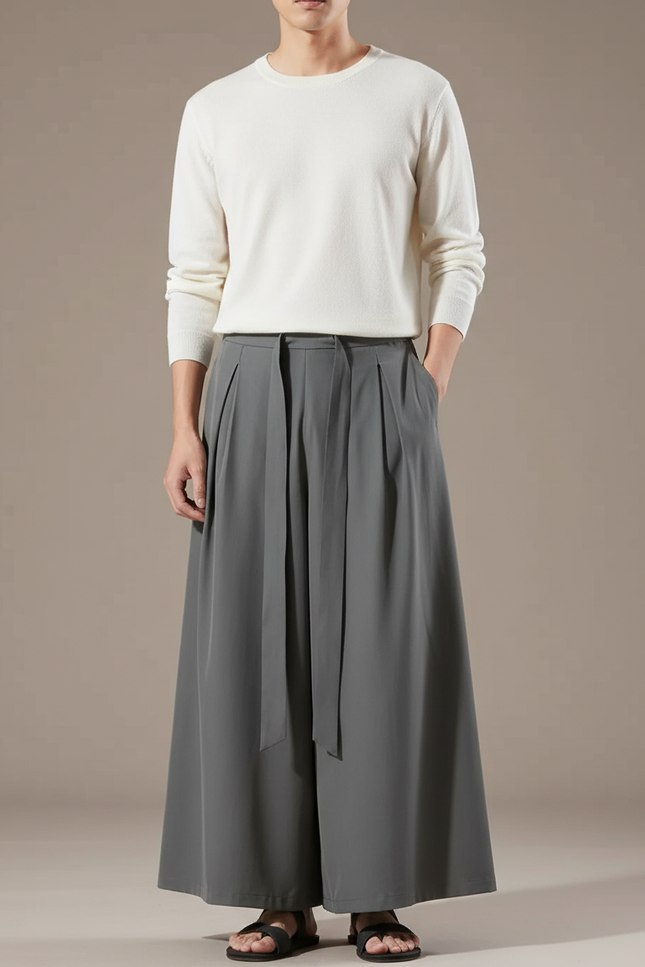 Pantalon Japonais Gris Ample Fluide Ceinturé Moderne - Polyester