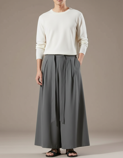 Pantalon Japonais Gris Ample Fluide Ceinturé Moderne - Polyester