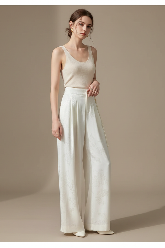 Pantalon Japonais Blanc Jacquard Satin Ample Élégant