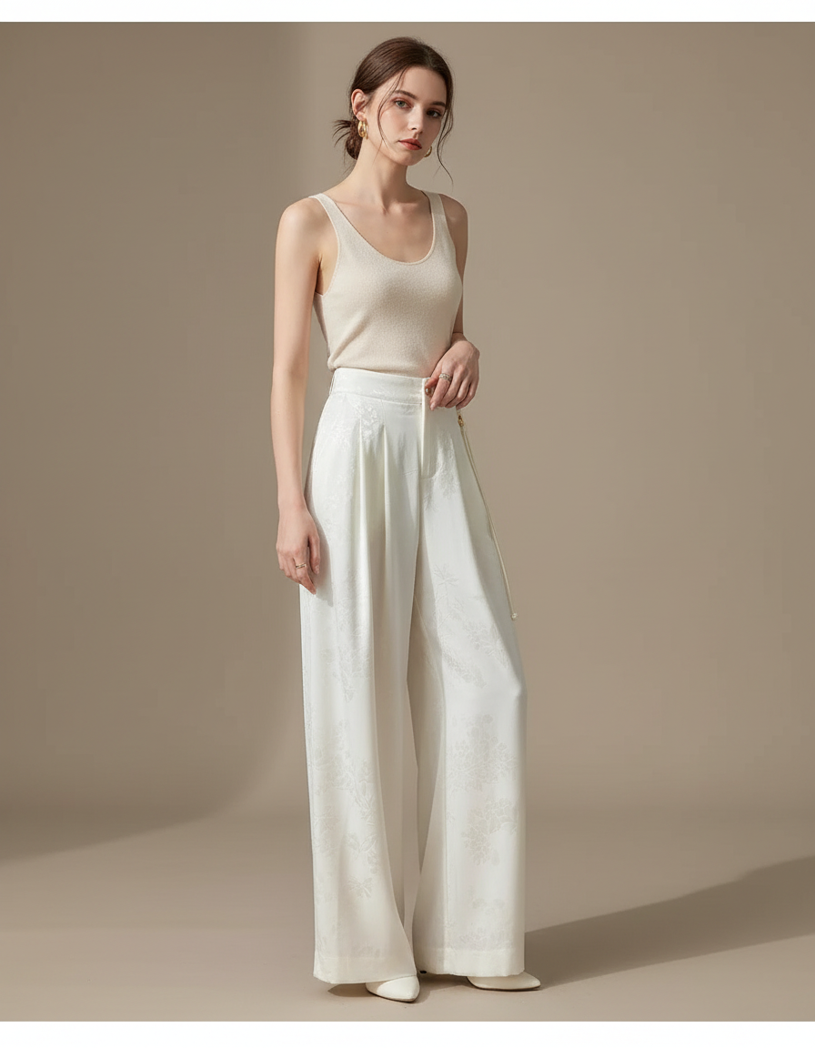 Pantalon Japonais Blanc Jacquard Satin Ample Élégant