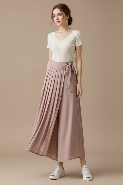 Pantalon Japonais Rose Plissé Fluide Élégant Ceinturé - Polyester