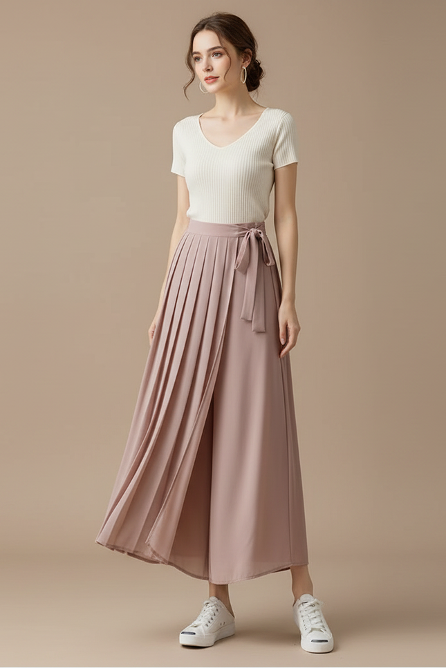 Pantalon Japonais Rose Plissé Fluide Élégant Ceinturé - Polyester