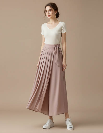 Pantalon Japonais Rose Plissé Fluide Élégant Ceinturé - Polyester