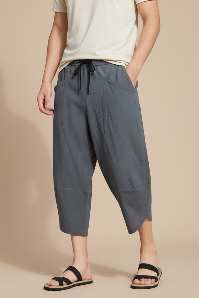 Pantalon Japonais Gris Ample Coton Décontracté Court