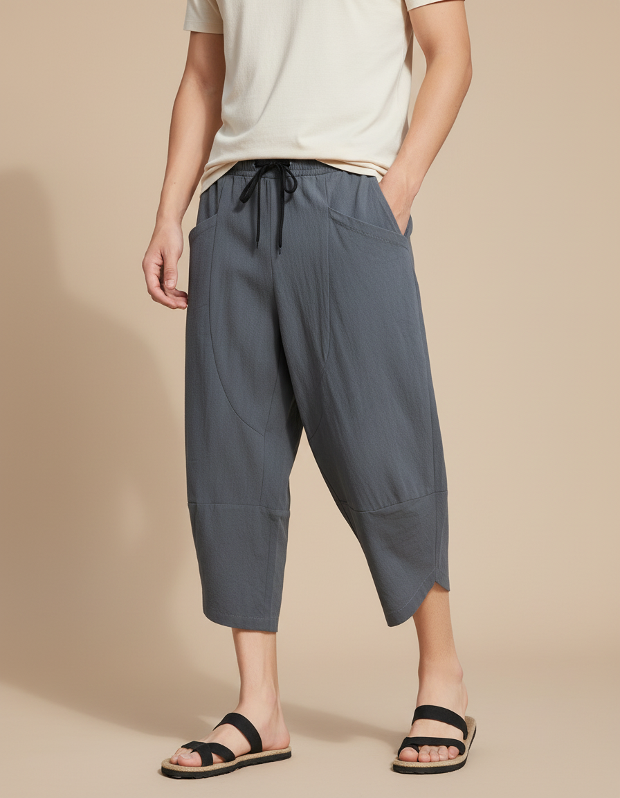 Pantalon Japonais Gris Ample Coton Décontracté Court