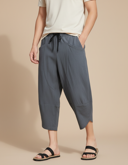 Pantalon Japonais Gris Ample Coton Décontracté Court