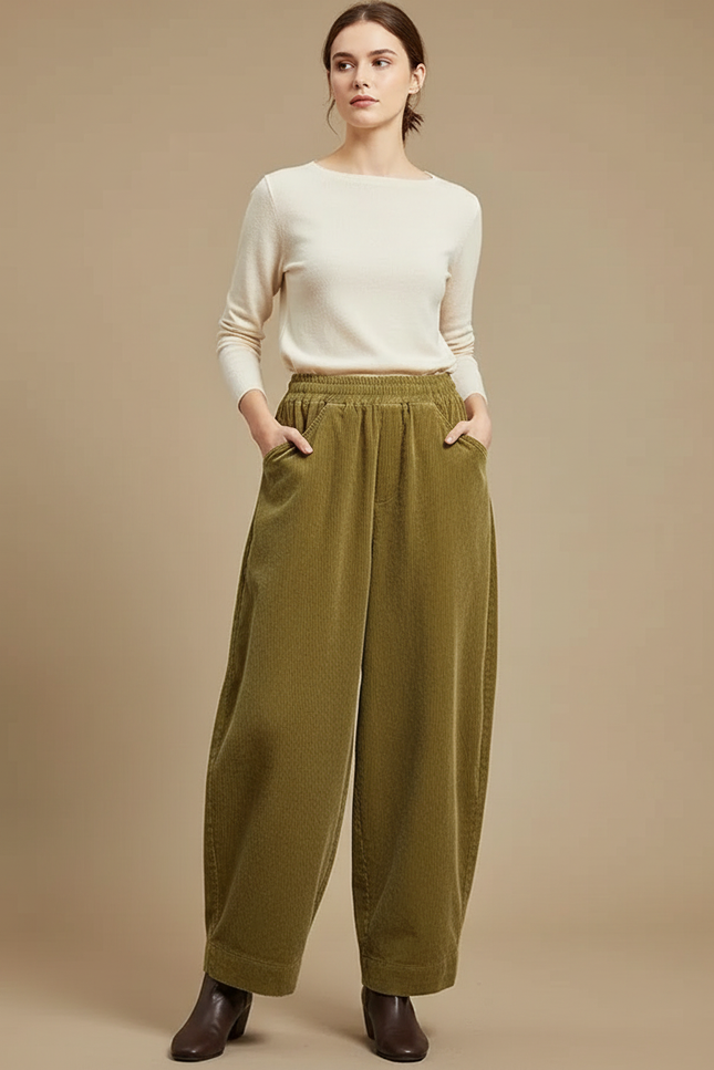 Pantalon Japonais Velours Côtelé Vert Ample Confortable - Kaki Cordé