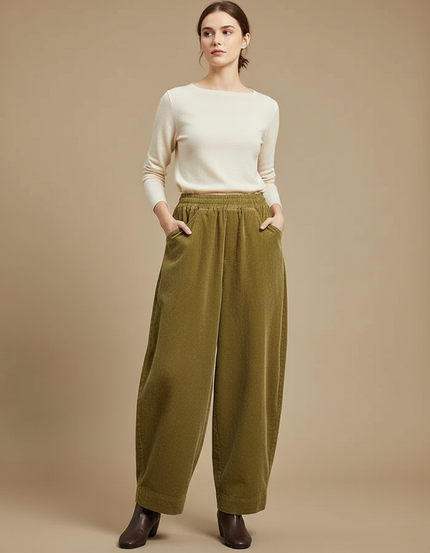 Pantalon Japonais Velours Côtelé Vert Ample Confortable - Kaki Cordé