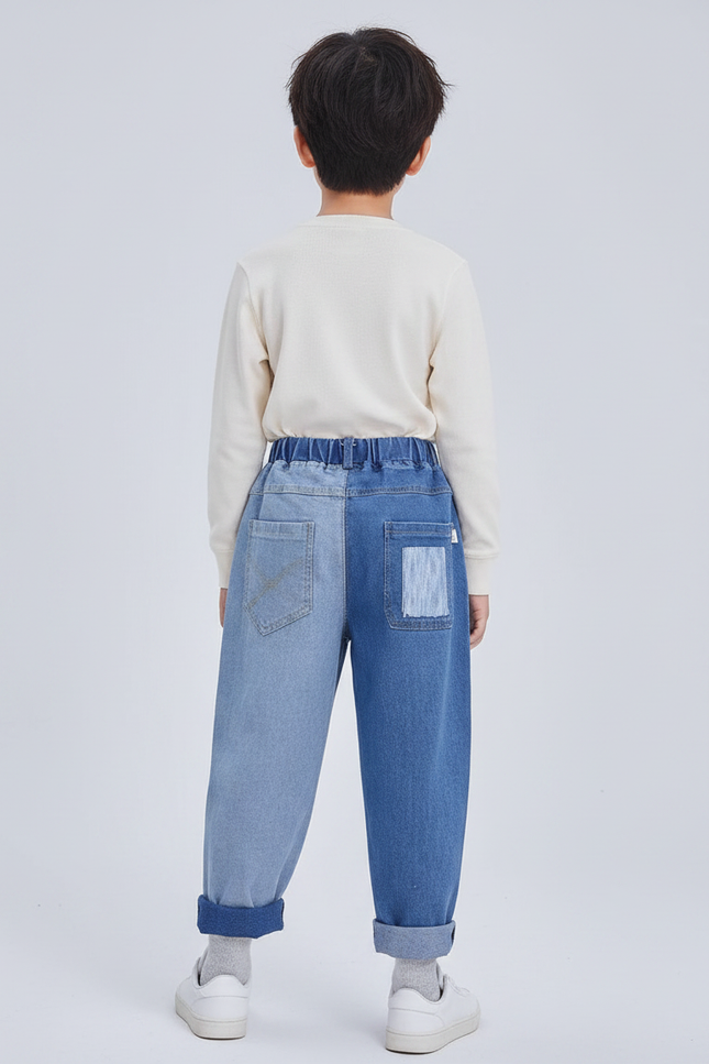 Pantalon Japonais Denim Patchwork Ample Décontracté Enfant - Bleu Jean