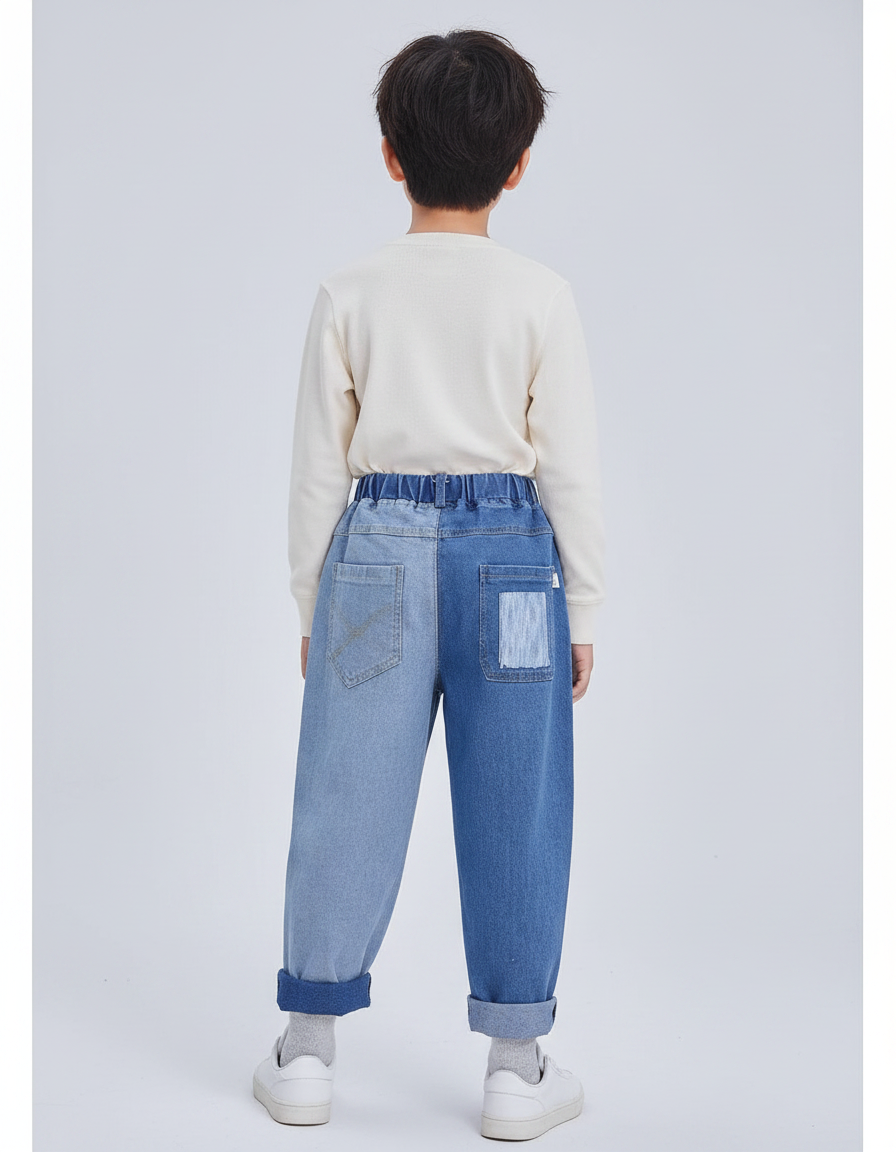Pantalon Japonais Denim Patchwork Ample Décontracté Enfant - Bleu Jean