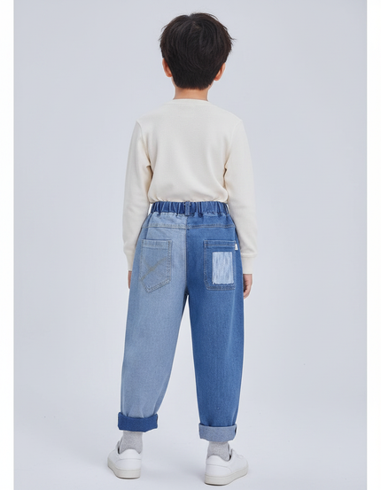 Pantalon Japonais Denim Patchwork Ample Décontracté Enfant - Bleu Jean