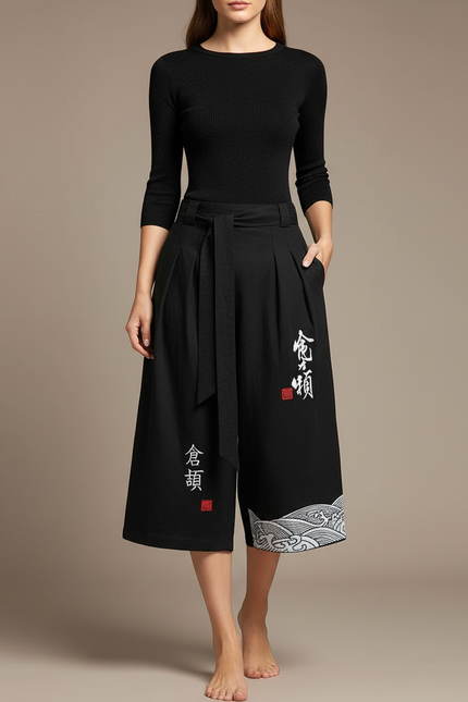 Pantalon Japonais Noir Fluide Brodé Vagues - Viscose