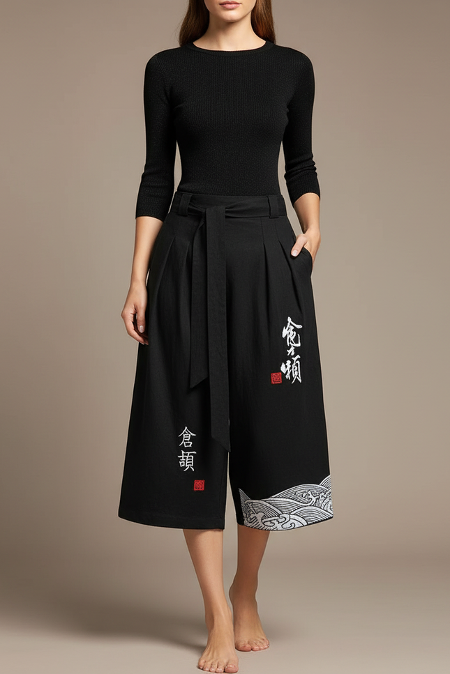 Pantalon Japonais Noir Fluide Brodé Vagues - Viscose