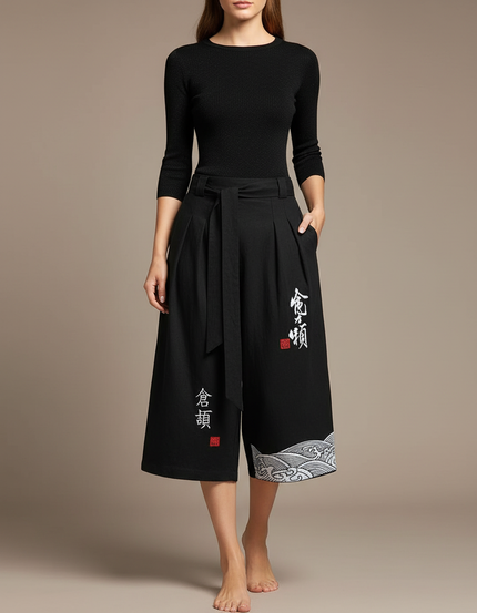 Pantalon Japonais Noir Fluide Brodé Vagues - Viscose