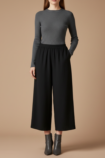 Pantalon Japonais Noir Ample Fluide Décontracté Court - Viscose