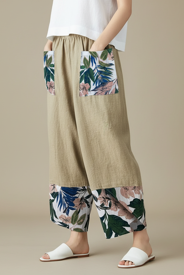 Pantalon Japonais Beige Lin Ample Fleuri Décontracté
