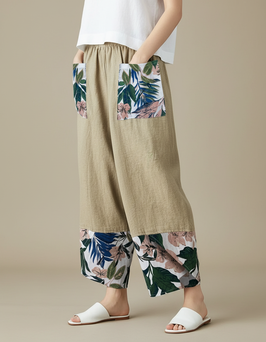 Pantalon Japonais Beige Lin Ample Fleuri Décontracté