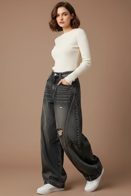 Pantalon Japonais Noir Délavé Ample Déchiré Cargo - Jean