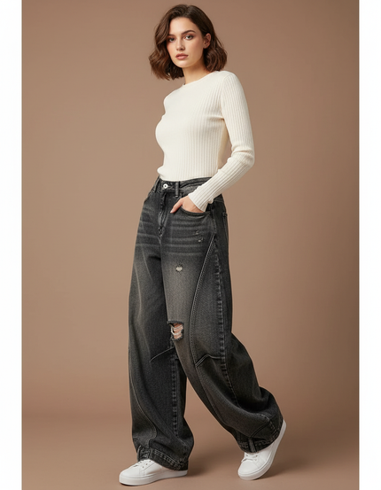Pantalon Japonais Noir Délavé Ample Déchiré Cargo - Jean