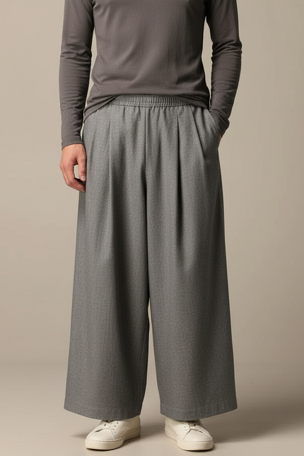 Pantalon Japonais Gris Ample Plissé Décontracté Unisexe - Gabardine