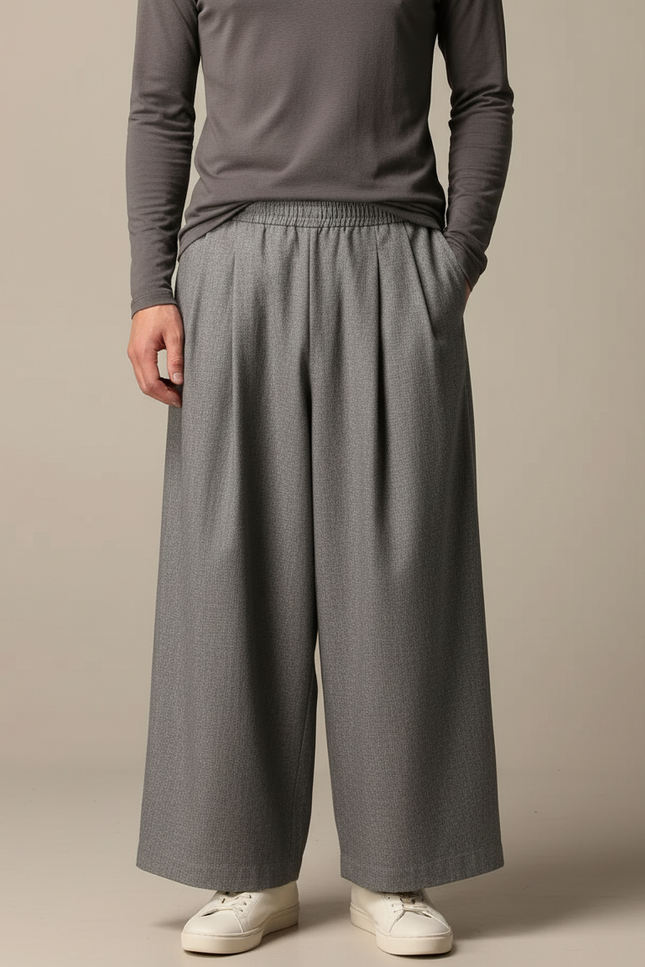 Pantalon Japonais Gris Ample Plissé Décontracté Unisexe - Gabardine