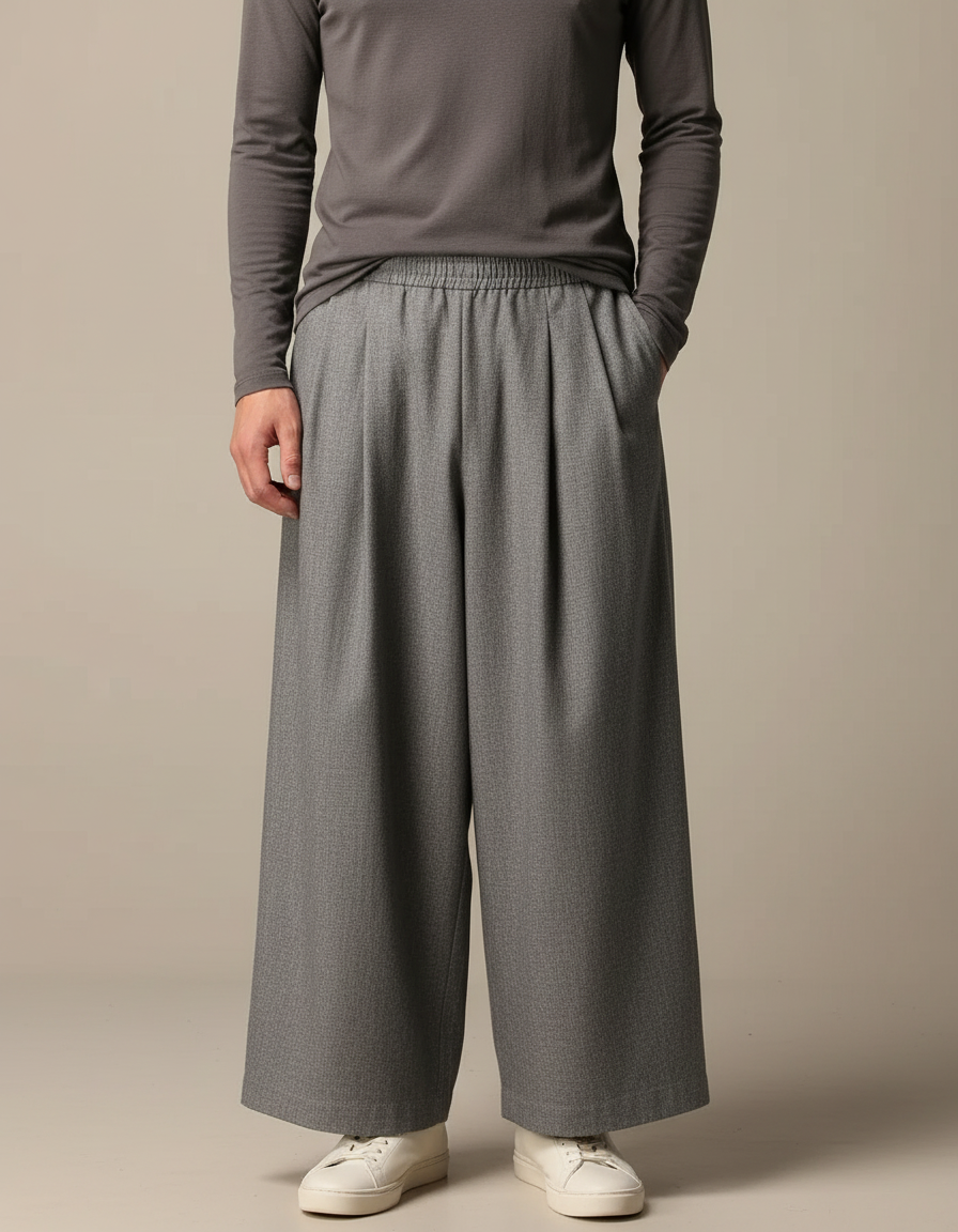 Pantalon Japonais Gris Ample Plissé Décontracté Unisexe - Gabardine