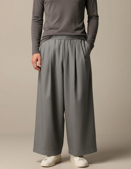 Pantalon Japonais Gris Ample Plissé Décontracté Unisexe - Gabardine