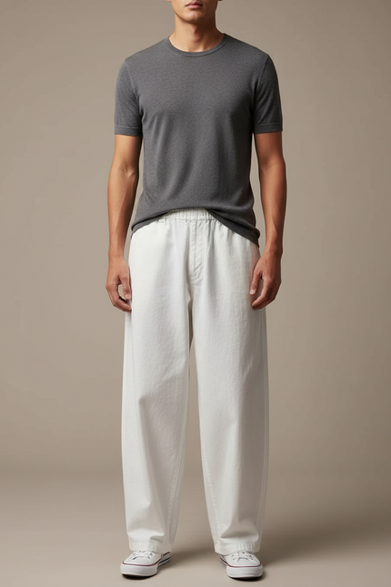 Pantalon Japonais Blanc Cassé Ample Décontracté Unisexe - Toile